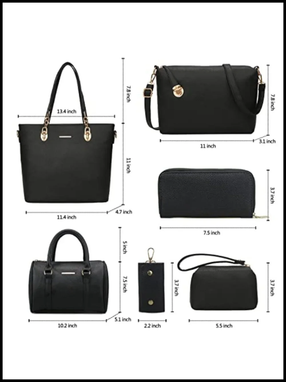 6-Piece Synthetic Leather Tote Crossbody Bag Set with Satchel Clutch